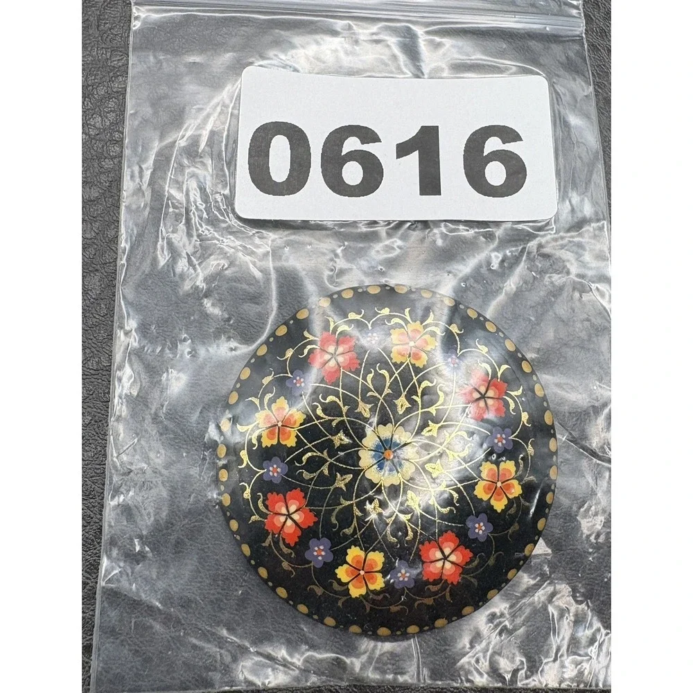 Vintage Uzbekistan Hand Painted Lacquer Floral Brooch Pin Black Gold Red Yellow